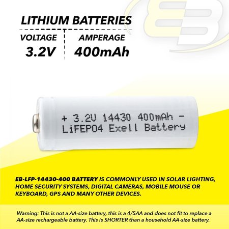 Exell Battery LiFePO4 Lithium Phosphate 3.2V 400mAh 14430 Rechargeable Battery EB-LFP-14430-400